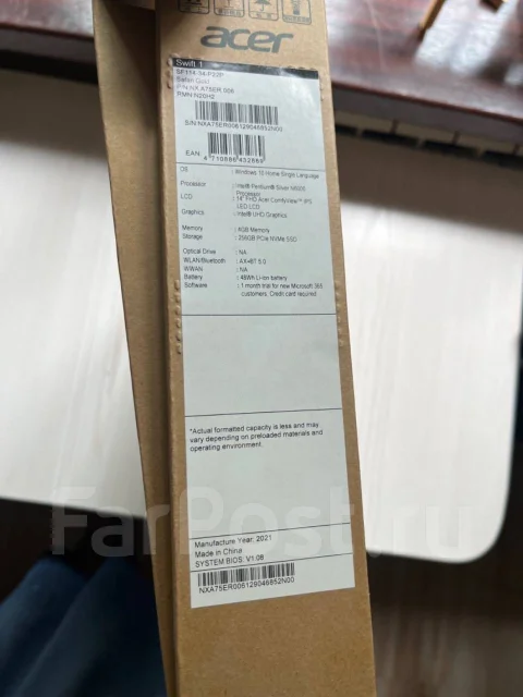 Acer Swift 1. 14", 1,1����, ��� 4 ��, ���� 256���, WiFi: 1, Bluetooth: 1, ����������� �� 8��. ����