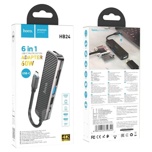 Хаб,hub, переходник Type-C,2USB, HDMI,sd card, Hoco HB24, разветвитель ...
