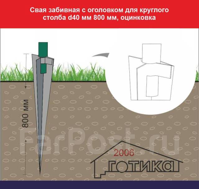 Свая забивная с оголовком для круглого столба d40 мм 800 мм, оцинковка ...