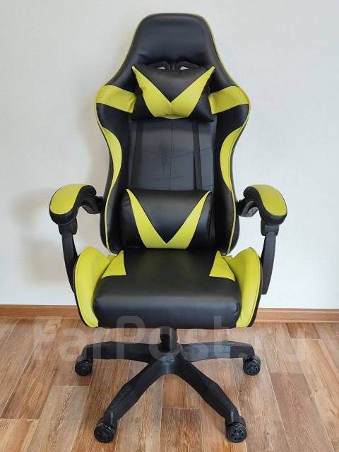 Кресло компьютерное игровое, кожзам, колеса, чёрный, зелёный, 50,0 см ...