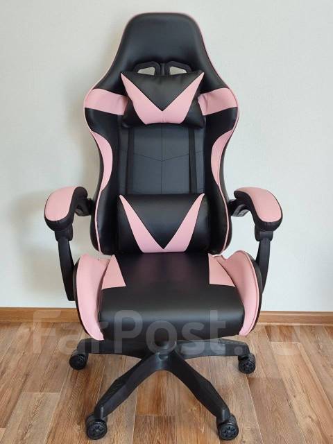Кресло компьютерное игровое, кожзам, колеса, чёрный, розовый, 50,0 см ...