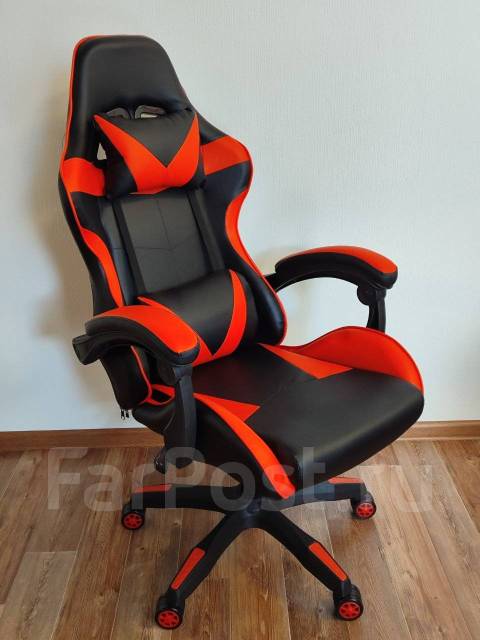 Кресло компьютерное игровое, кожзам, колеса, чёрный, красный, 50,0 см ...