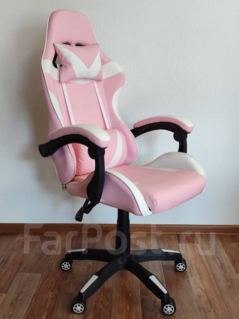 Кресло компьютерное игровое, кожзам, колеса, белый, розовый, 50,0 см ...