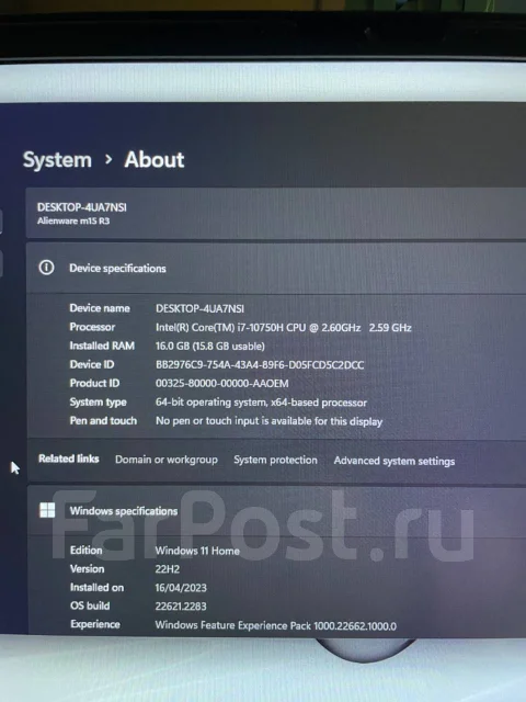 Dell Alienware m15 R3. 15.6", 2,6����, ��� 16 ��, ���� 500���, WiFi: 1, Bluetooth: 1, ����������� �� 8��. ����