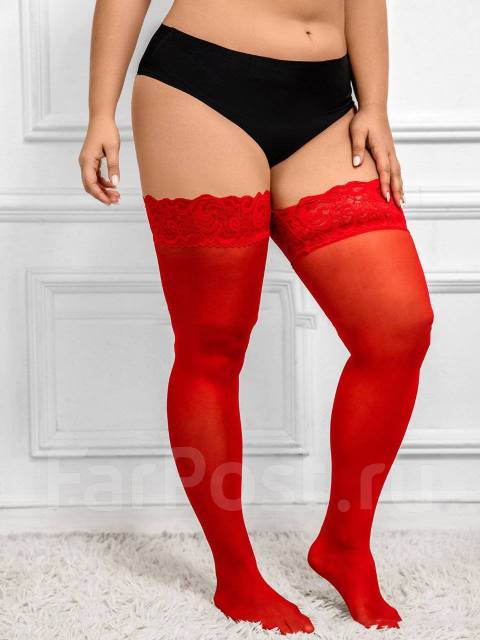 Сексуальные красные чулки с кружевным бортом на силиконе +Size, новый, в  наличии. Цена: 690₽ во Владивостоке