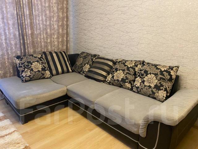 Уютный угловой диван, кожзам, ящик для белья, чёрный, серый, 265,0 см ...