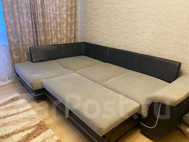 Уютный угловой диван, кожзам, ящик для белья, чёрный, серый, 265,0 см ...