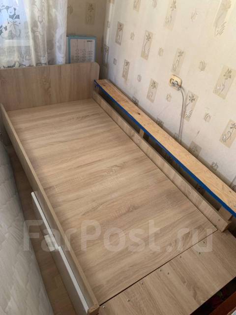 Кровать, односпальная, дсп, бельевой ящик, матрас в комплекте, бежевый ...