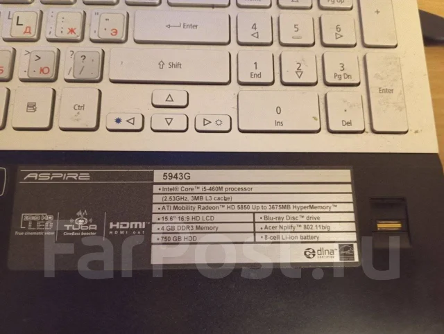 Acer Aspire 5943G. 15.6", 2,5����, ��� 4 ��, ���� 700���, WiFi: 1 ����