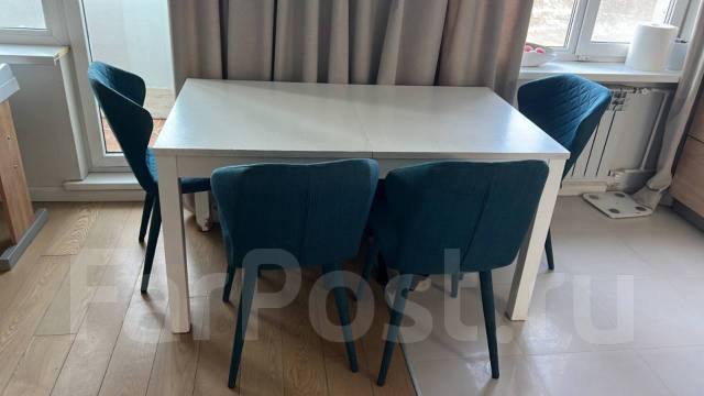 БУ Стол обеденный и 4 стула, белый, синий, б/у, в наличии. Цена: 15 000 ...