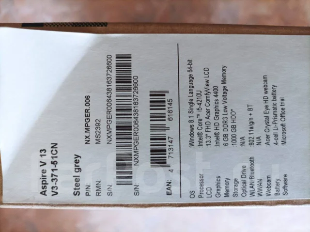 Acer Aspire V3-371. 13.3", 1,7����, ��� 6 ��, ���� 1 000���, WiFi: 1, ����������� �� 2��. ����