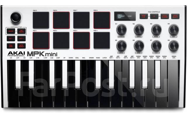 Миди-клавиатура с уменьшенными клавишами, AKAI PRO MPK MINI MK3 White ...