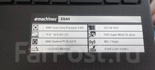eMachines E644. 15.6", 1,3����, ��� 2048 ��, ���� 320���, WiFi: 1, Bluetooth: 1, ����������� �� 1��. ����