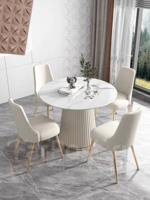 Стол обеденный круглый Snow Stone (белый мрамор, подстолье колонна ...