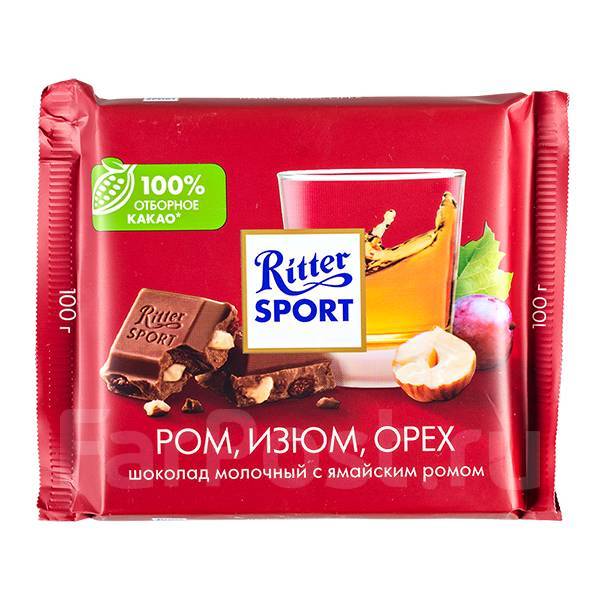 Шоколад Риттер Спорт Ром, Изюм, Орех 100 г 1 уп. х 12 шт, в наличии ...