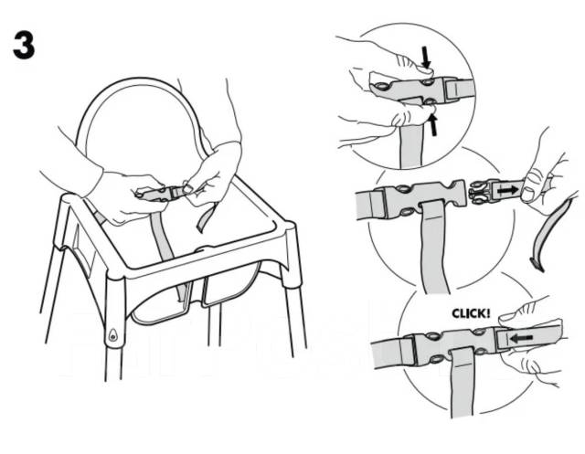Как прикрепить ремни на стульчике для кормления