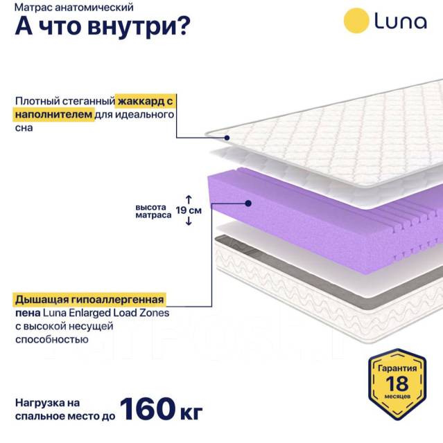 Ортопедический матрас Luna 160х200 см, 160 кг с/м Цена - подарок ...