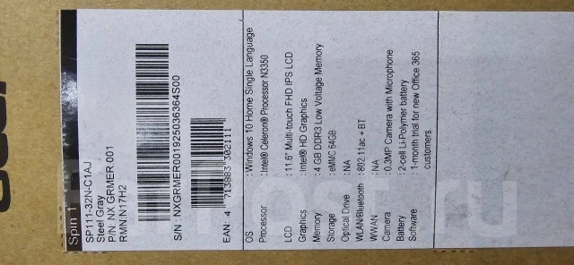 Acer Spin 1 SP111-32N. 11.6", ��� 4 ��, ���� 64���, WiFi: 1, Bluetooth: 1 ����