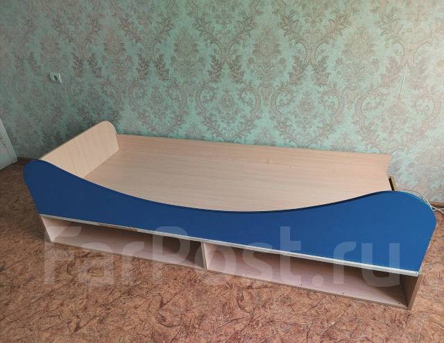 Кровать односпальная, светлое дерево, синий, 80,0 см, 200,0 см, б/у, в ...