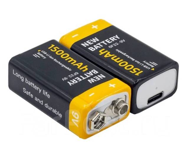 Li-Ion аккумулятор 9 V типа "крона", заряжается кабелем Type C, 1.5 Ah ...