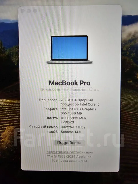 Apple MacBook Pro 13 2018. 13.3", 2,4����, ��� 16 ��, ���� 256���, WiFi: 1, Bluetooth: 1, ����������� �� 5��. ����