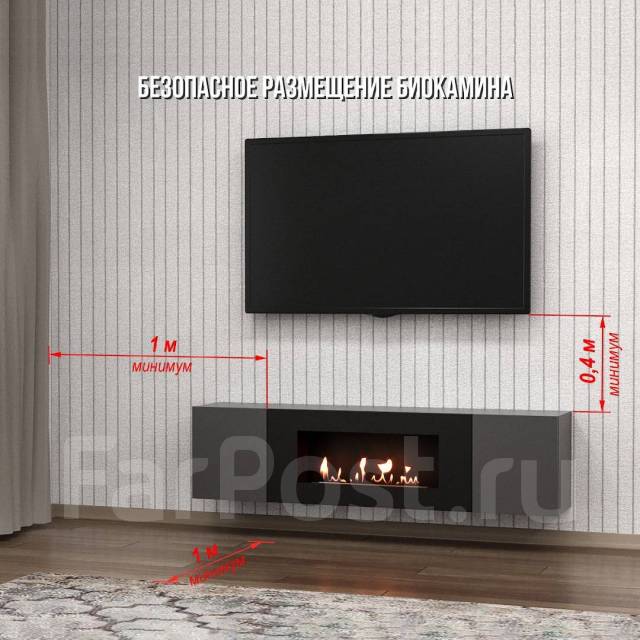 Тумба с биокамином Firelight графит со шкафами. Горит 3ч на 18 м2 ...