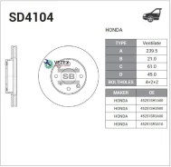 ���� ��������� Honda Civic 1.3-1.6 91-01 �������� D 240��. Sangsin Brake SD4104 SD4104 ����