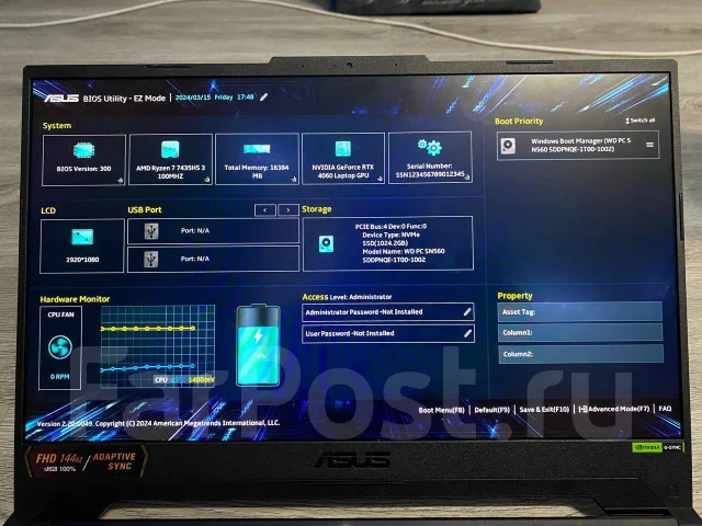 Asus TUF Gaming A15 FA507NVR. 15.6", 3,3����, ��� 16 ��, ���� 1 024���, WiFi: 1, Bluetooth: 1, ����������� �� 3��. ����