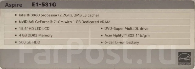 Acer Aspire E1-531G. 15.6", 2,2����, ��� 4 ��, ���� 500���, WiFi: 1, Bluetooth: 1 ����