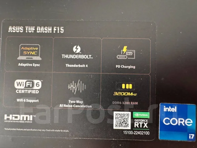 Asus TUF Dash F15. ��� 16 ��, ���� 500���, WiFi: 1, Bluetooth: 1 ����