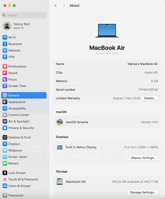 Apple MacBook Air 13 2024. 13.9", ��� 8 ��, ���� 256���, WiFi: 1, Bluetooth: 1, ����������� �� 18��. ����