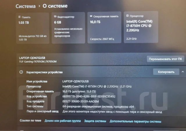 Asus TUF Gaming FX705GM. 17.3", 2,2����, ��� 16 ��, ���� 1 000���, WiFi: 1, Bluetooth: 1, ����������� �� 8��. ����