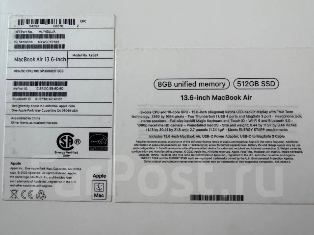 Apple MacBook Air 13 2022. 13.6", ��� 8 ��, ���� 512���, WiFi: 1, Bluetooth: 1 ����