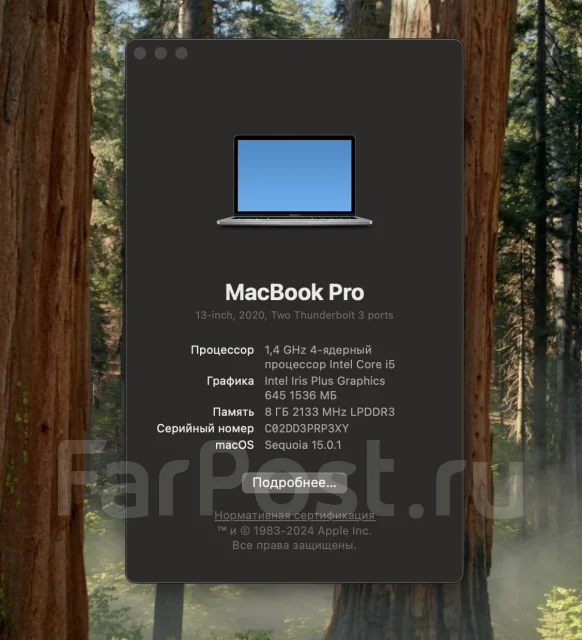 Apple MacBook Pro 13 2020. 13", 1,4����, ��� 8 ��, ���� 256���, WiFi: 1, Bluetooth: 1 ����