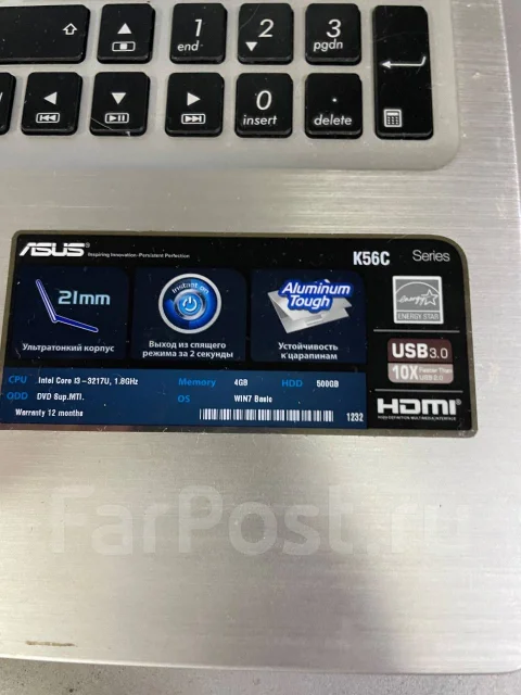Asus K56C. 21", 1,8����, ��� 4 ��, ���� 500���, WiFi: 1, Bluetooth: 1, ����������� �� 3��. ����