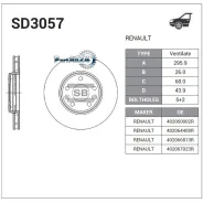 ���� ��������� (�������) Renault Laguna 07-15 / Megane 08-16 Sangsin Brake SD3057, �������� SD3057 ����