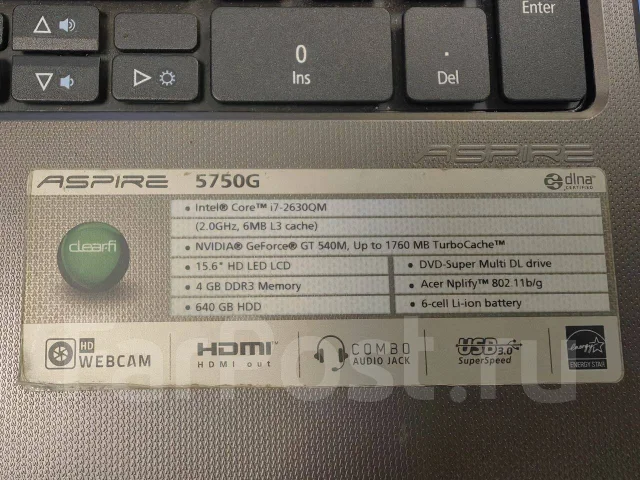 Acer Aspire 5750G. 15.6", 2����, ��� 4 ��, ���� 120���, WiFi: 1, Bluetooth: 1, ����������� �� 3��. ����