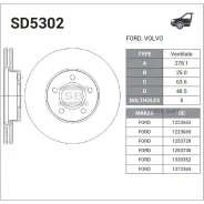 ���� ��������� FORD Focus II/III/C-MAX 03-/Volvo S40 04- �������� ����. D 278��. SD5302 Sangsin Brake SD5302 SD5302 ����
