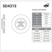 ���� ��������� Mitsubishi Lancer 08-/Dodge Caliber 06- �������� ����. D 276��. SD4315 Sangsin Brake SD4315 SD4315 ����