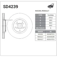 ���� ��������� Nissan Qashqai 07-/Renault Koleos 08- �������� ����. D 320��. SD4239 Sangsin Brake SD4239 SD4239 ����