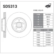 ���� ��������� FORD Focus II/III 04-/Volvo S40/V50 04-�������� ����. D 300��. SD5313 Sangsin Brake SD5313 SD5313 ����