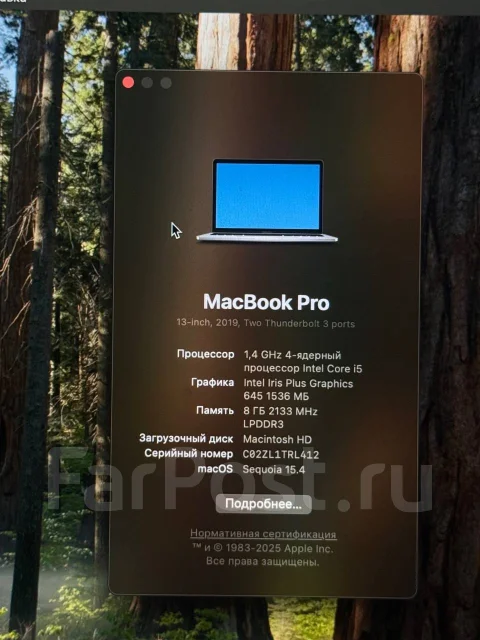 Apple MacBook Pro 13 2019 Mid MV962. 13", 2,4����, ��� 8 ��, ���� 256���, WiFi: 1, Bluetooth: 1 ����