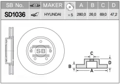���� ��������� �������� Hyundai Tuscon 2.0/2.7/2.0D 04 Sangsinbrake SD1036 SD1036 ����