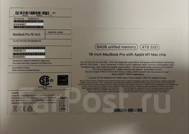Apple MacBook Pro 16 2021. 16.2", 3,2����, ��� 64 �� � ������, ���� 4 096���, WiFi: 1, Bluetooth: 1, ����������� �� 21��. ����