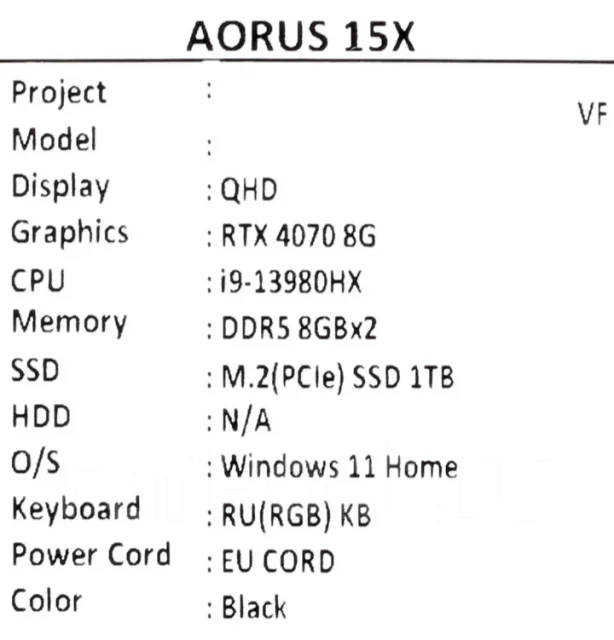 Gigabyte Aorus 15X. 15.6", 165����, ��� 16 ��, ���� 1 024���, WiFi: 1, Bluetooth: 1, ����������� �� 8��. ����