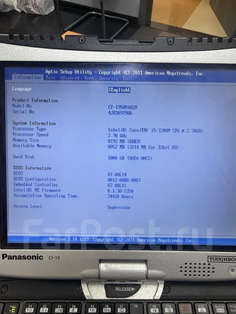 Panasonic Toughbook CF-19. 10.4", 2,7����, ��� 8 ��, ���� 512���, WiFi: 1, Bluetooth: 1, ����������� �� 8��. ����