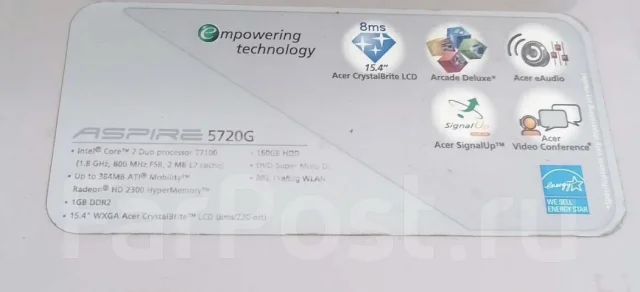 Acer Aspire 5720G. 15.4", ��� 2048 ��, ���� 160���, WiFi: 1, Bluetooth: 1 ����