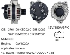 ��������� ��� Haval H7 H8 H9 WW7 VV5 VV7 2.0T ��� GW4C20A � 2017 �. 12v 180A 6PK ���� ������� LIN (JL2215) 3701100XEC02 ����