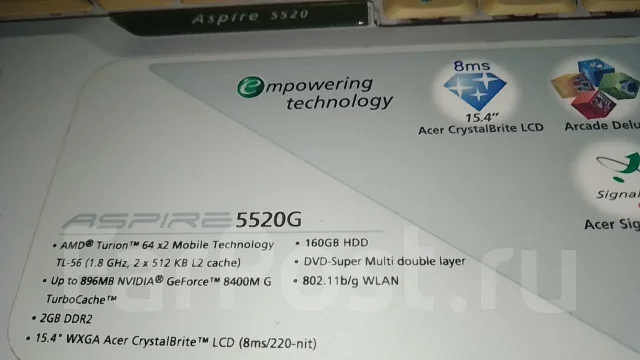 Acer Aspire 5520G. 15.4", 2����, ��� 2048 ��, ���� 320���, WiFi: 1, ����������� �� 2��. ����
