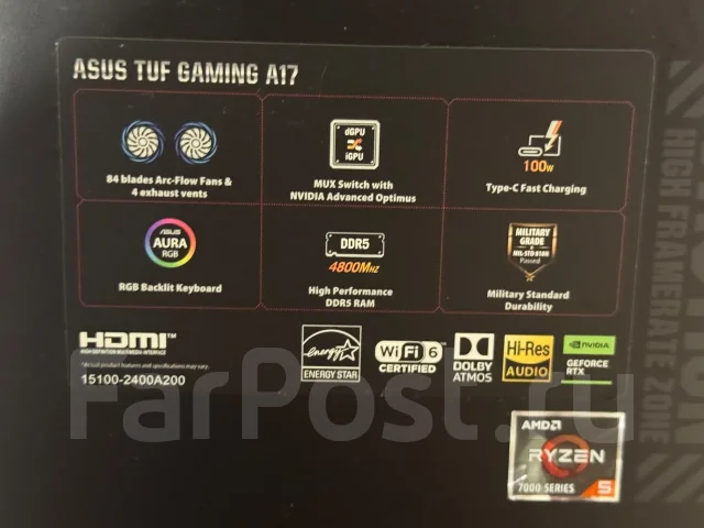 Asus TUF Gaming A17. 17.3", 3,3����, ��� 16 ��, ���� 1 000���, WiFi: 1, Bluetooth: 1, ����������� �� 6��. ����